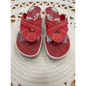 Clarks Sunbeat Red Thong Wedge Sandals Womens 7M 35874 Floral Footbed